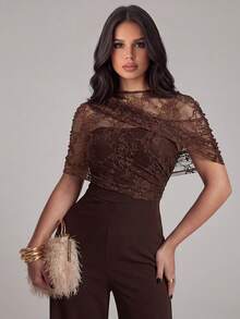 Firerie Women's New Dark Brown Solid Color Elegant Short Sleeve Lace Patchwork Wide Leg Jumpsuit, Sleeveless Jumpsuit, Daily Commute Women's Jumpsuit, Elegant Romantic Wedding Banquet Jumpsuit, Lace Patchwork Jumpsuit, Elastic Knit Jumpsuit - Coffee Brown - View 5