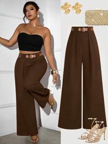SHEIN Tall CURVE 加大码 TALL 系列女士简约褶裥直筒裤，适合通勤 - 棕色 - 查看 4