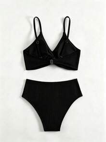 SHEIN Swim 女款黑色細肩帶上衣與短褲泳裝套裝，適合陽光海灘 - 黑色 - 查看 2