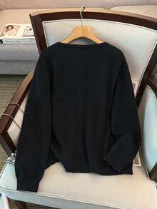 GlowEve CURVE Plus Size Casual Irregular Button Crew Neck Long Sleeve Cardigan Winter - Black - View 2