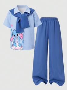 Casuvi Kids 女童超舒適時尚條紋短袖上衣與直筒長褲套裝 - 彩色 - 查看 5