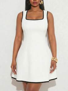 Radiana Plus Size Women's Elegant French Date Night Evening Dress, Colorblock Trim A-Line Sleeveless Waist-Cinched Dress, Autumn Winter Summer Women's Dress, - Black and White - View 5