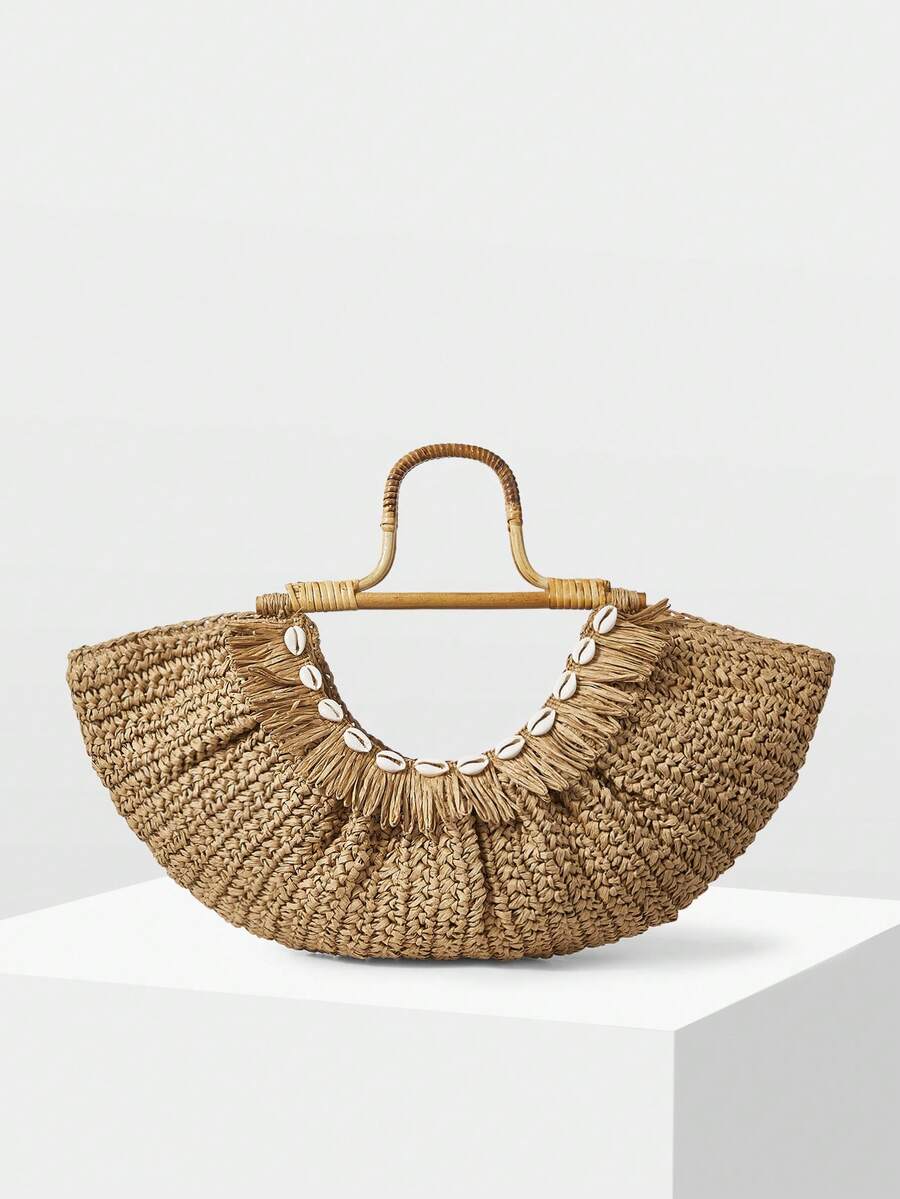 MOTF LADIES KHAKI TOTE BAG, VINTAGE WOODEN HANDBAG, STYLISH FAN-SHAPED HANDBAG, SUITABLE FOR VACATION, TRAVEL, BEACH, SEASIDE, BOHEMIA - Camel - View 2