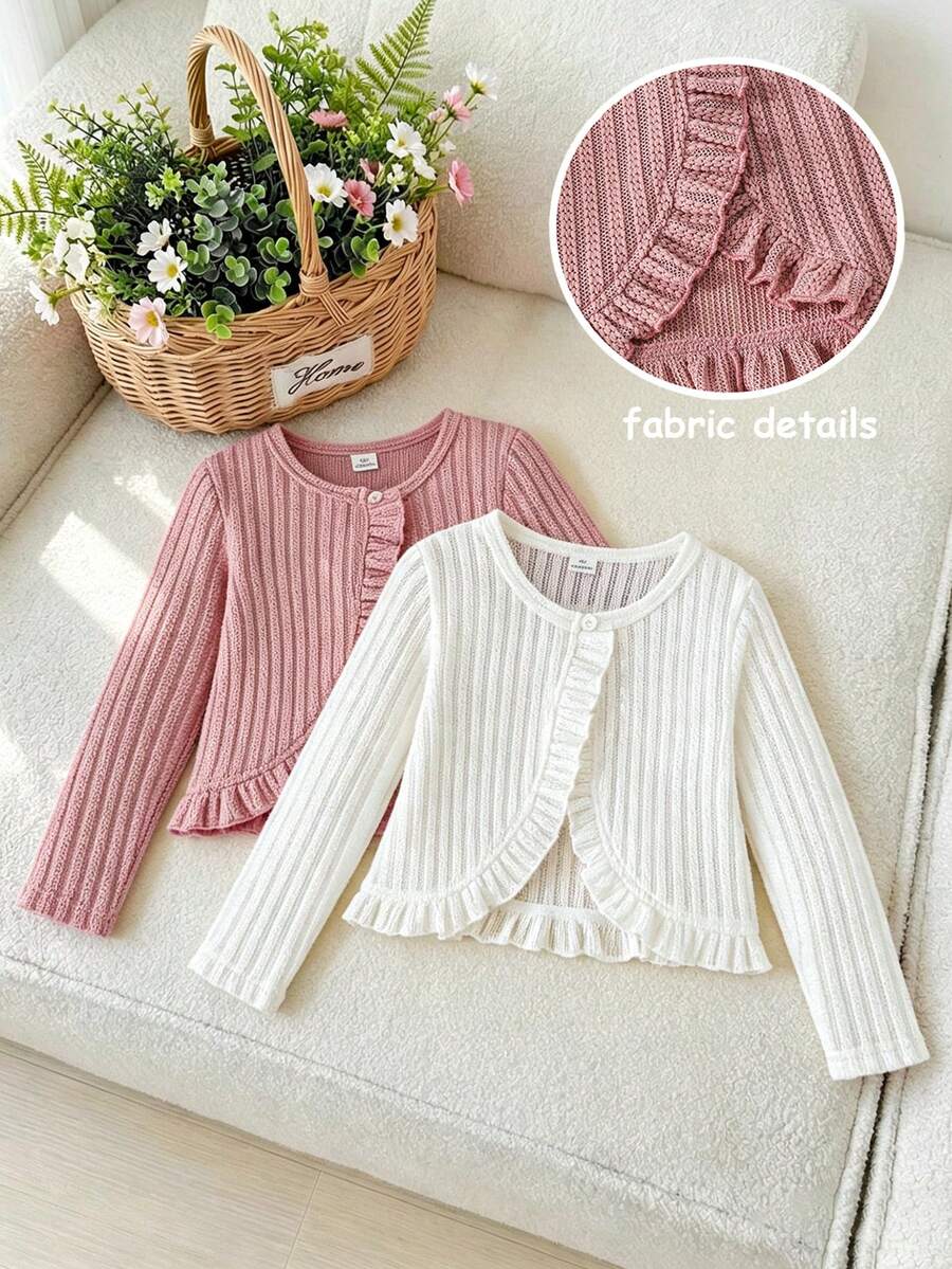 SHEIN Elladie kids 女童紋理針織布粉色與白色長袖荷葉邊兩件套甜美可愛小外套，適合日常休閒度假穿著