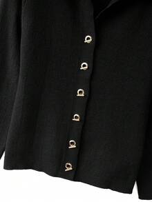 GlowEve CURVE Plus Size Elegant Fitted Metal Button Long Sleeve Cardigan - Black - View 4