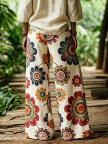 EMERY ROSE Plus Size Women Floral Print Casual Wide Leg Pants, Vacation Style Fall - Multicolor - View 2
