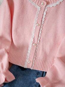 Girls' New Fashion Pearl Button Lace Trim Long Sleeve Knit Cardigan - Multicolor - View 5