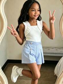 Elladie kids Tween Girls 2pcs/Set Summer New Ribbed T-Shirt , White Ribbed Knit Fabric Square Neck With Playful Ruffle Flutter Sleeves Sleeveless... - Blue and White - View 4