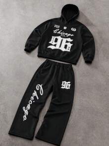 2件組 男士青少年街頭風花卉滿版印花連帽衛衣與直筒長褲套裝，適合街頭穿搭，中性款 - 黑與白 - 查看 3