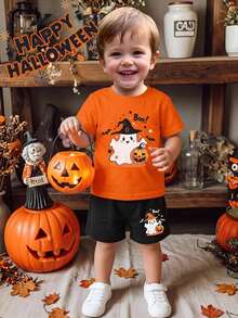 SHEIN 2pcs Baby Boy Summer Winter Halloween Cute Cartoon Pattern Short Sleeve Shorts Set, Pumpkin Set, Halloween Set, Infant Set, Orange Set, T-Shirt Set - Multicolor - View 9