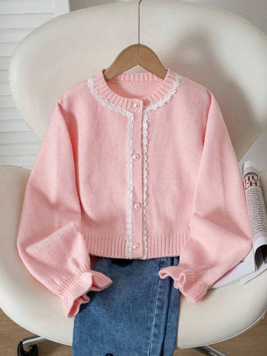 Girls' New Fashion Pearl Button Lace Trim Long Sleeve Knit Cardigan - Multicolor - View 1