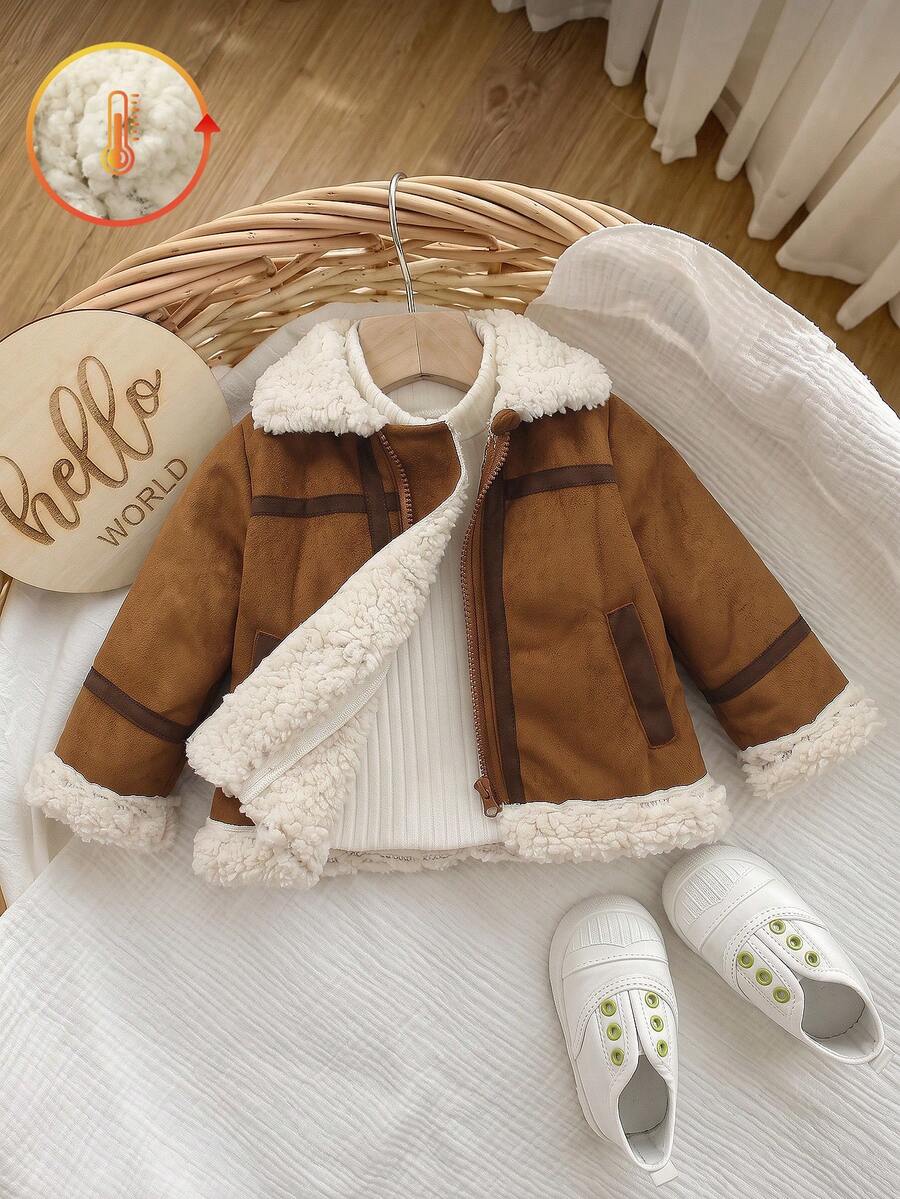 SHEIN Vintaside Kids 嬰兒男童女童通用冬季套裝 泰迪絨內裡拉鍊式摩托車夾克外套 - 棕色 - 查看 1