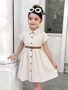 Elladie kids 女童寬鬆條紋鈕扣開襟襯衫洋裝，附時尚腰帶，領口學院風，寬鬆版型返校休閒穿搭 - 杏色 - 查看 8