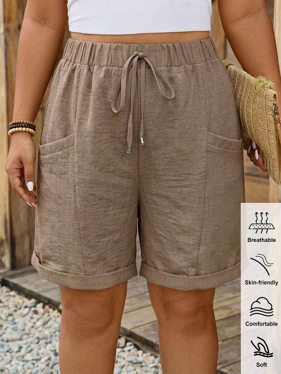 Comfylo 女款大尺碼舒適休閒短褲,抽繩鬆緊腰頭附口袋,適合海灘度假、機場旅行、夏季休閒與返校聚會(卡其色) - 棕色 - 查看 1