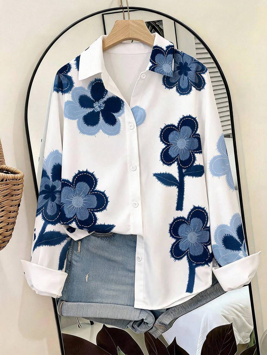 Girls' White Long Sleeve Shirt With Denim-Style Floral Digital Print, Casual Versatile Comfortable Fashion Top, Suitable For All Seasons - Multicolor - View 1