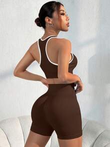 Dewbera Dewbera 女士罗纹边饰露脐背心短裤套装 棕色运动文胸健身两件套 运动文胸短裤套装 两件套运动套装 两件套瑜伽套装 健身套装 - 咖啡棕 - 查看 3