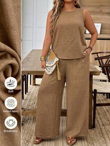 SHEIN LUNE Plus Size Round Neck Sleeveless Cropped Top With Back Lace Detail Solid Color Loose Pants 2 Pieces Set Beach Brunch Vacation Khaki Summer Boho Casual - Khaki - View 4