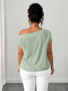 Elenzga Plus Size Women's Elegant Solid Color Pleated Asymmetrical Shoulder Neckline Blouse, Suitable For Casual Commute, Daily Wear Fall - Green - View 2