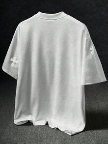 Manfinity EMRG 男士街頭風 INS 風格十字全印花毛巾刺繡白色 T 恤，休閒日常，送給男友/丈夫的禮物，週年紀念禮物 - 淺灰色 - 查看 2