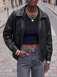 Maija Drop Shoulder Zip Up PU Cropped Leather Jacket In Fall/Winter Black - Black - View 9