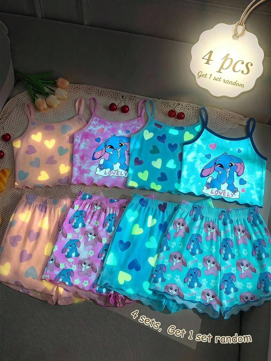 SHEIN 兒童 4 套組！隨機 2 件！小女孩可愛藍色兔子 Lulu Stitch 圖案細肩帶上衣與短褲睡衣套裝，淺藍色紮染夏季睡衣