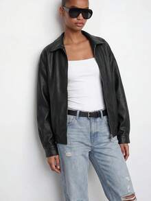 Maija Drop Shoulder Zip Up PU Cropped Leather Jacket In Fall/Winter Black - Black - View 8