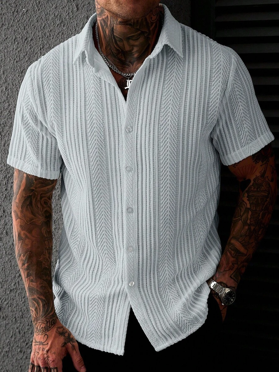 SLATEMANN Men's Short Sleeve Textured Fabric Single-Breasted Shirt - Light Wash - View 1