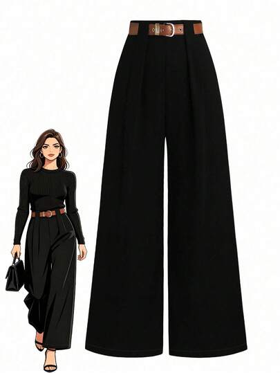 SHEIN Tall CURVE 大码TALL系列女式简约百褶直筒裤，工作服