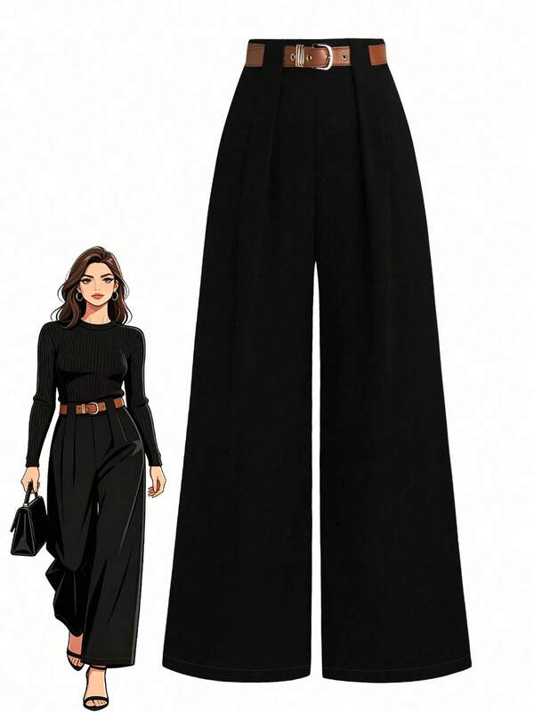 SHEIN Tall CURVE 大码TALL系列女式简约百褶直筒裤，工作服