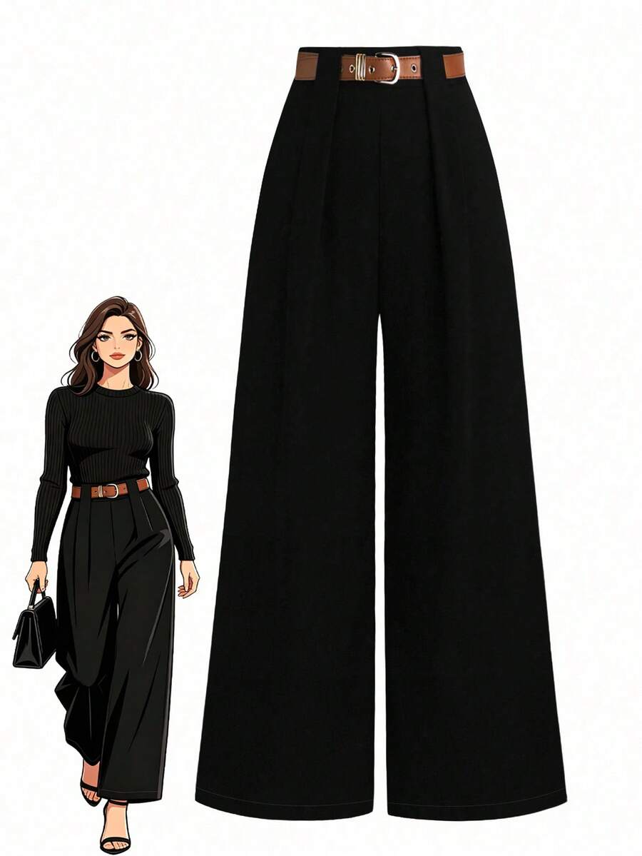 SHEIN Tall CURVE 大码TALL系列女式简约百褶直筒裤，工作服 - 黑色 - 查看 1