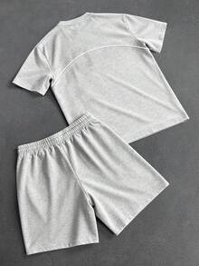 PAVTROS Men's Versatile Embroidered Crew Neck Short Sleeve T-Shirt And Drawstring Waist Pocket Shorts Set - Grey - View 5