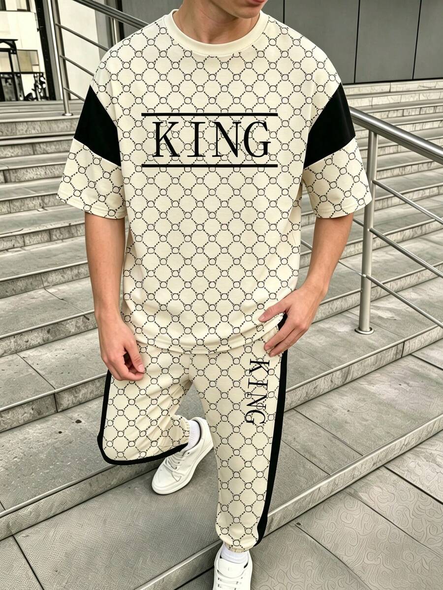 SHEIN 1套青少年男孩休閒舒適時尚簡約個性化 KING 卡其色拼接黑熊印花圖案對比色休閒風 - 彩色 - 查看 1
