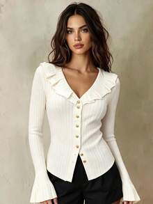 Franclia Women's Basic Minimalist Fashion Turndown Collar Elegant Cardigan, Christmas White Cardigan Sweater Ribbed Shirt Tops For Women Elegant - White - View 1