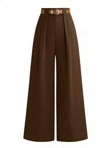 SHEIN Tall CURVE 加大码 TALL 系列女士简约褶裥直筒裤，适合通勤 - 棕色 - 查看 3