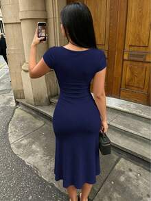 INAWLY 女款素色百褶休閒極簡風派對洋裝 - 藏蓝色 - 查看 3