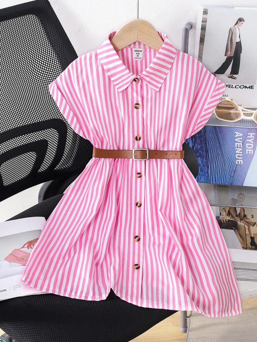 SHEIN Elladie kids 年轻女孩宽松梭织春装,落肩设计,粉色条纹领,前襟纽扣,时尚腰带,舒适休闲/度假装 - 粉色 - 查看 1