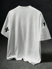 Manfinity EMRG 男士街頭風熱銷 INS 十字全印花毛巾刺繡日常穿著男友丈夫禮物週年紀念禮物白色T恤 - 淺灰色 - 查看 2