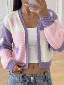 SHEIN 1件女款開襟毛衣，時尚休閒百搭V領對比色愛心提花圖案，短版，清新風格，適中厚度，整齊下擺，緊口袖口，柔軟親膚，適合日常穿著、外出、上學、購物，秋冬季 - 彩色 - 查看 9