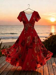 GlowEve Women's Bohemian Style V-Neck Floral Print High Waist Dress - Red - View 1