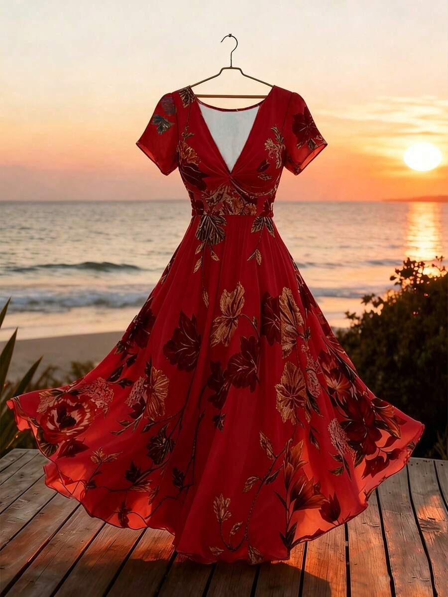 GlowEve Women's Bohemian Style V-Neck Floral Print High Waist Dress - Red - View 1
