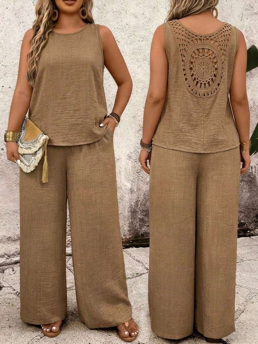SHEIN LUNE Plus Size Round Neck Sleeveless Cropped Top With Back Lace Detail Solid Color Loose Pants 2 Pieces Set Beach Brunch Vacation Khaki Summer Boho Casual - Khaki - View 1