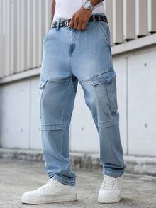 Manfinity EMRG Men's Streetwear Multi-Pocket Design Washed Denim Cargo Pants - Light Wash - View 5
