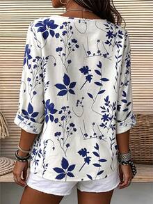 EMERY ROSE Women's Woven Printed Casual Fall Blouse - Blue - View 2