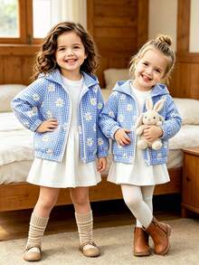 SHEIN Elladie kids 女童格紋連帽外套，休閒可愛學院風，適合秋季返校、戶外運動與日常穿搭，舒適造型 - 藍色 - 查看 7