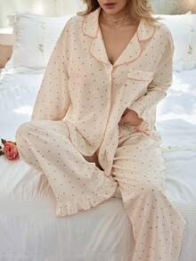 CottageSlumber Women's Spring/Autumn Small Heart Print Lapel Long Sleeve Long Pants Pajama Set Plus Size - Apricot - View 1