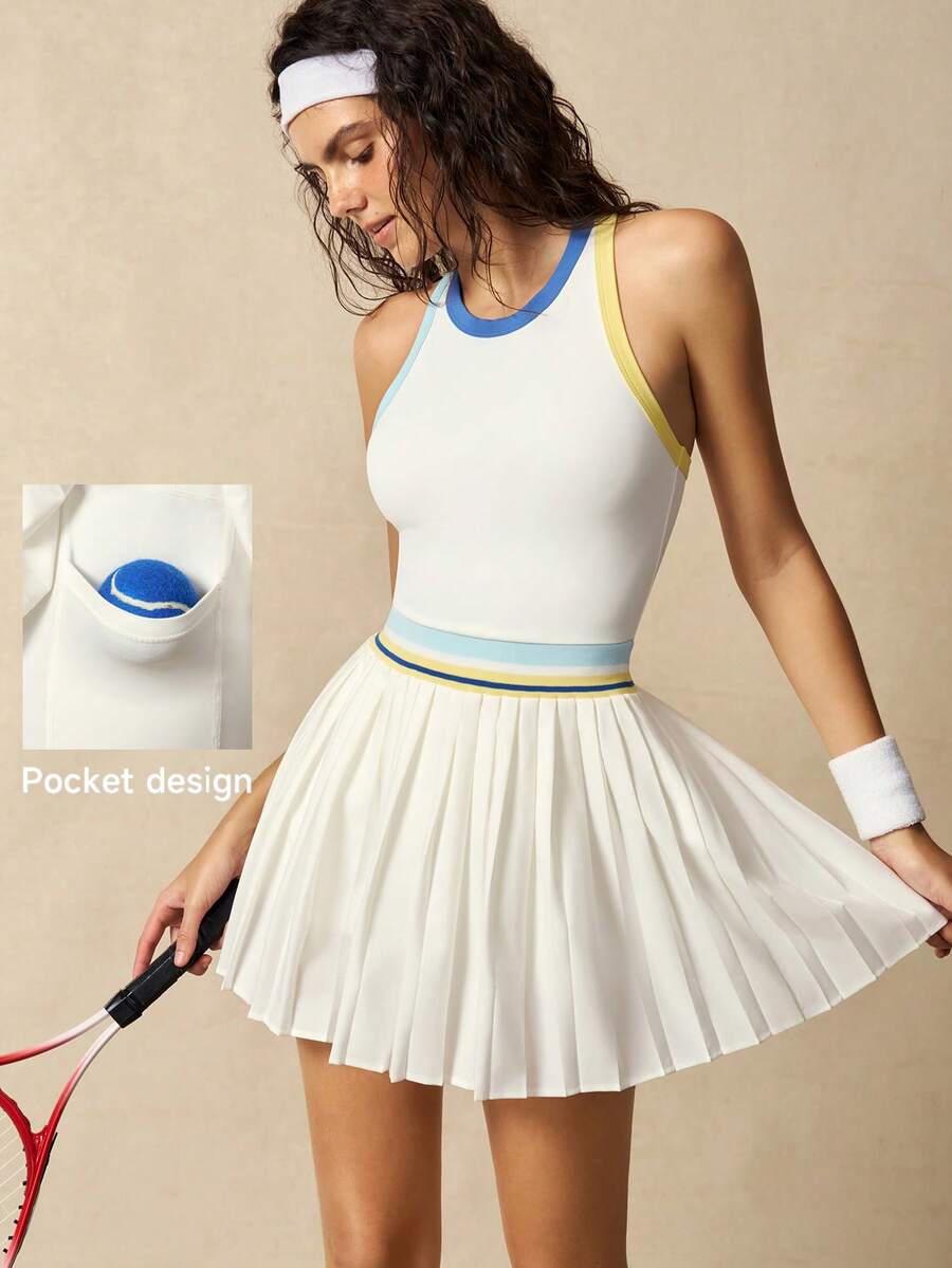 VARSIVA Women's Colorblock Round Neck Pleated Hem Sleeveless Sports Dress - Multicolor - View 1