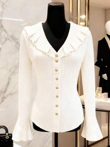 Franclia Women's Basic Minimalist Fashion Turndown Collar Elegant Cardigan, Christmas White Cardigan Sweater Ribbed Shirt Tops For Women Elegant - White - View 5