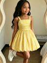 Souflis Souflis Young Girls New Yellow Plaid Daisy Print Cami Dress, Fresh White Plaid With Lively Daisy Print, Gathered Waistline, Puff Lantern Skirt Hem Summer