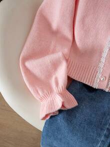 Girls' New Fashion Pearl Button Lace Trim Long Sleeve Knit Cardigan - Multicolor - View 4