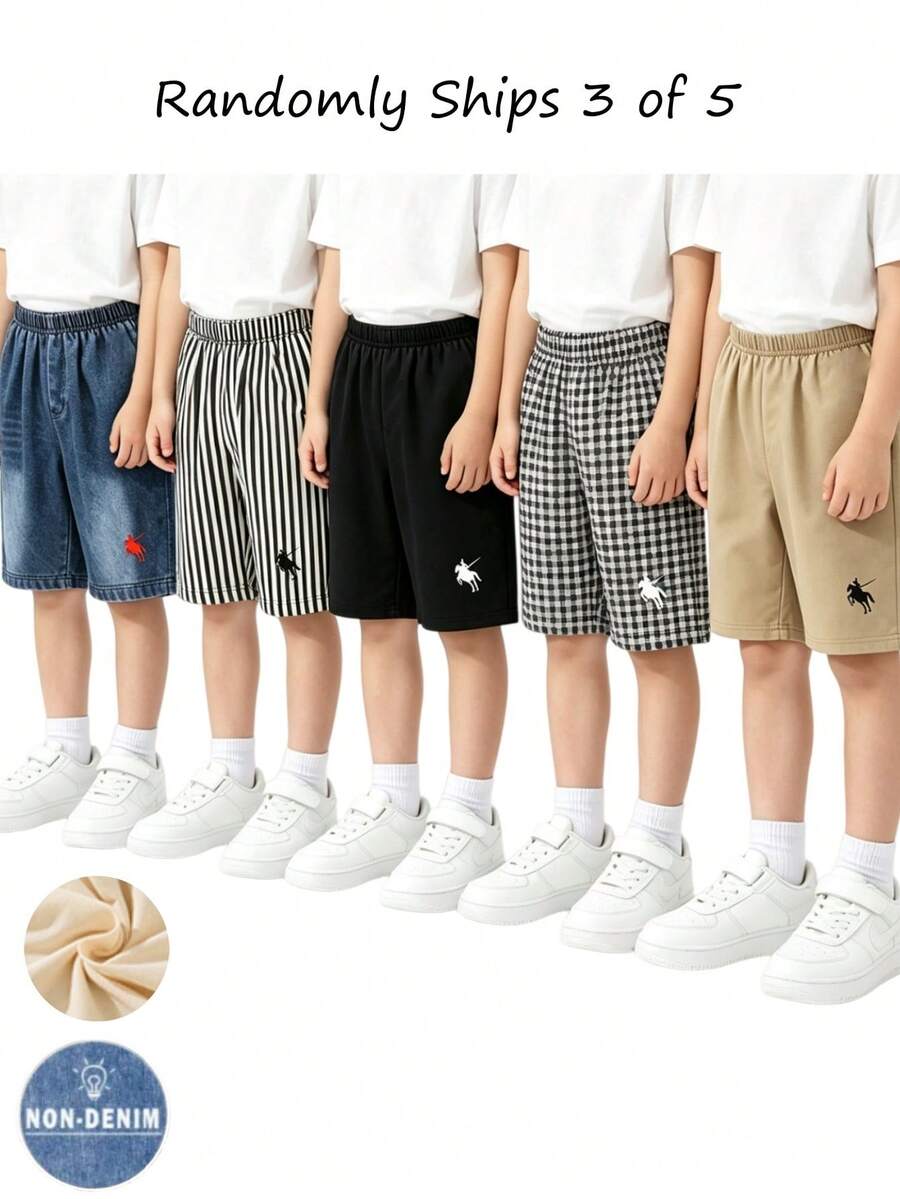 SHEIN 小男孩新款休閒舒適時尚簡約Logo印花短褲,3件組,夏季,休閒風,度假穿著,返校季,日常,禮物,男孩日常帥氣百搭服飾 - 彩色 - 查看 1
